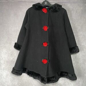 Good Lad Girls Black Fleece Holiday Pea coat Black Faux Fur Rose Accents Sz 5